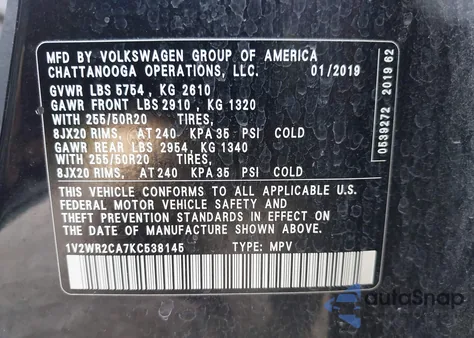 2019 Volkswagen Atlas 3.6L V6 Se W/Technology from USA, damaged, VIN 1V2WR2CA7KC538145